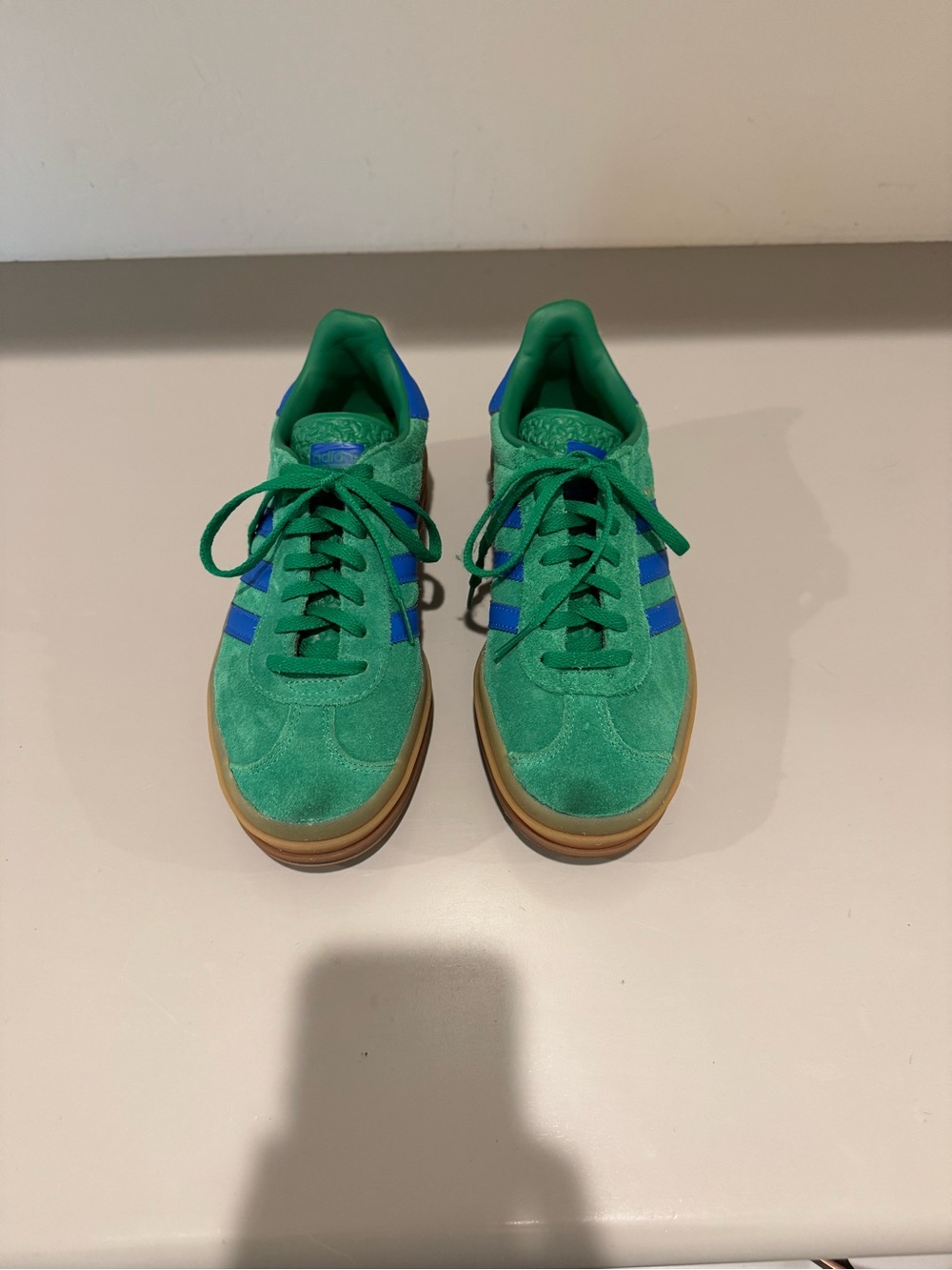 Adidas Gazelles Green Suede Women’s platform Sneakers with Blue Stripes - Picture 2 of 10